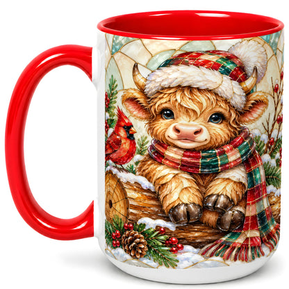 #pl[15oz|Red] Stained Glass Highland Cow Coffee Mug, Christmas Cow Mug, Ceramic Cup