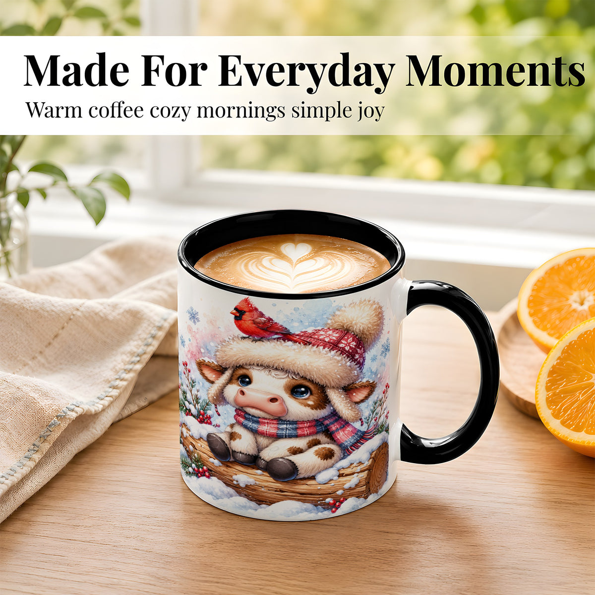 #pl[11oz|Black] Christmas Calf Coffee Mug, Winter Cardinal Cow Mug, Ceramic Cup