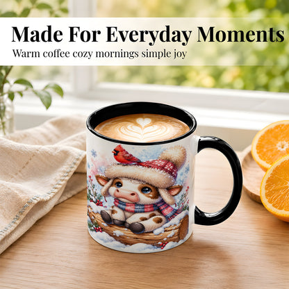 #pl[11oz|Black] Christmas Calf Coffee Mug, Winter Cardinal Cow Mug, Ceramic Cup