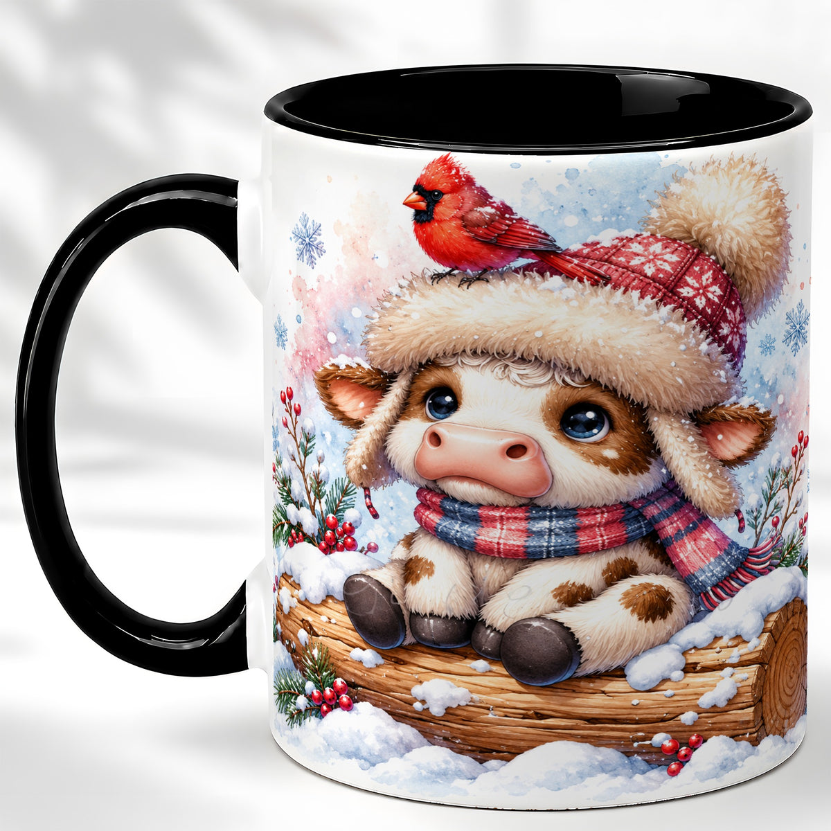 #pl[11oz|Black] Christmas Calf Coffee Mug, Winter Cardinal Cow Mug, Ceramic Cup