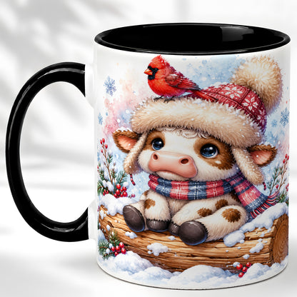 #pl[11oz|Black] Christmas Calf Coffee Mug, Winter Cardinal Cow Mug, Ceramic Cup