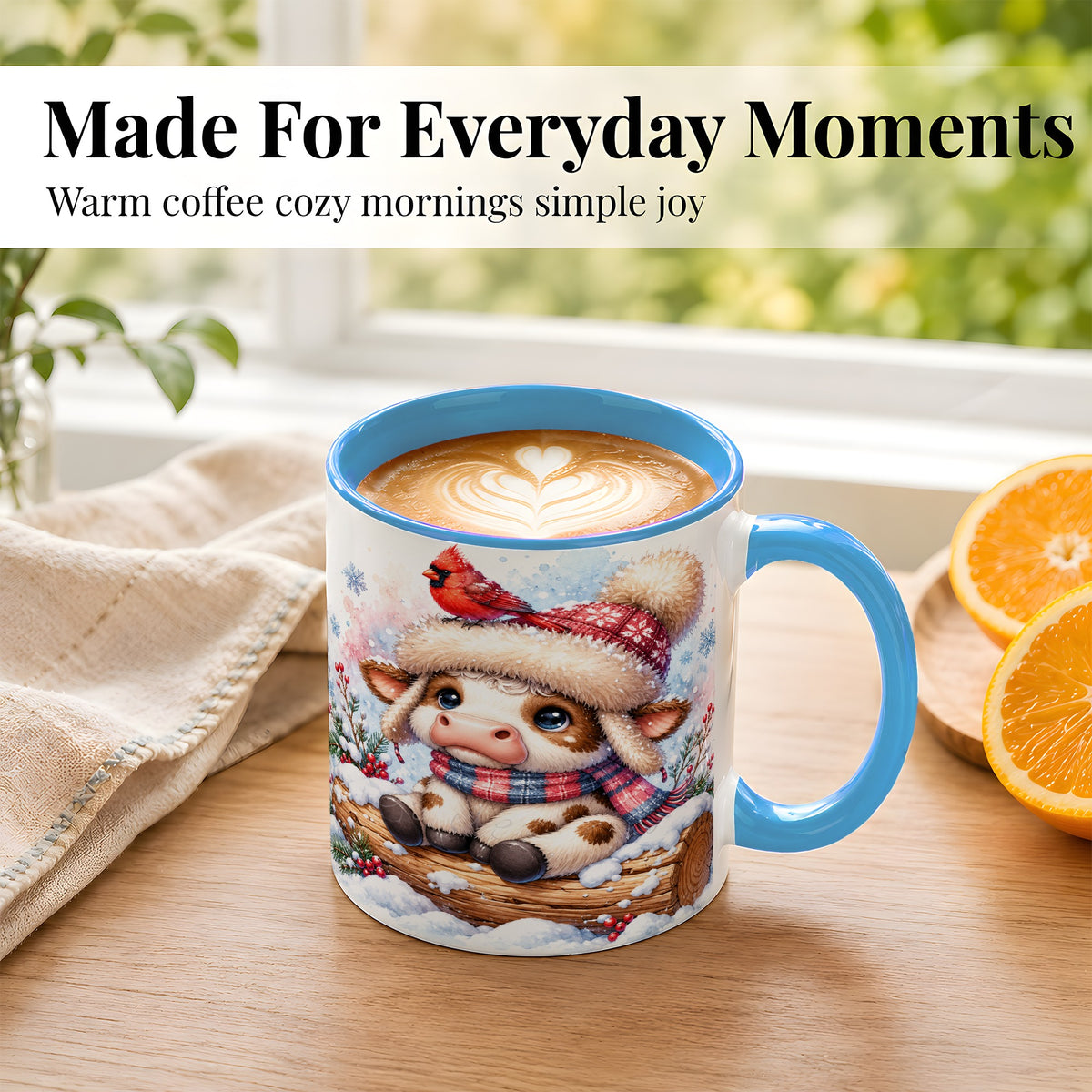 #pl[11oz|Blue] Christmas Calf Coffee Mug, Winter Cardinal Cow Mug, Ceramic Cup