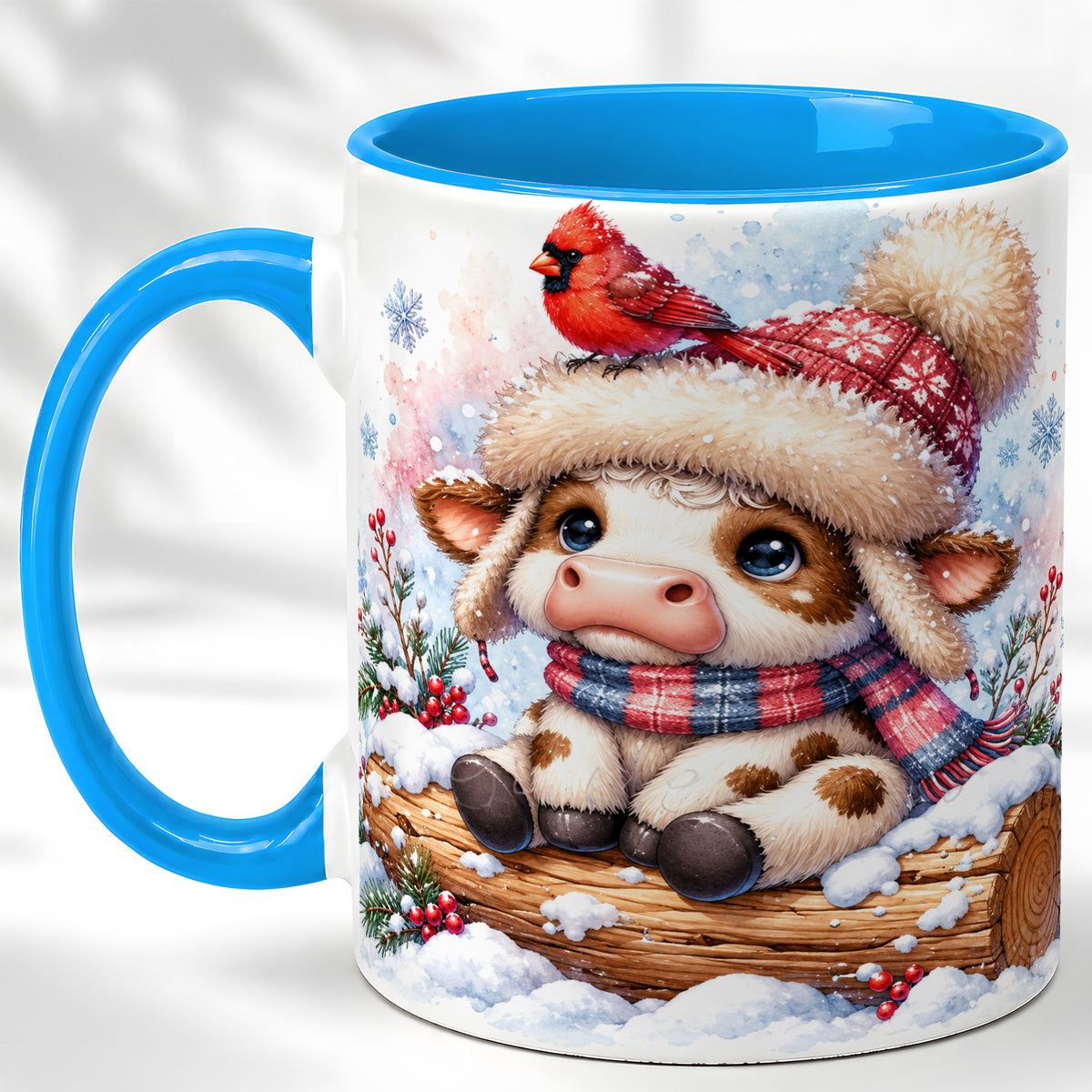 #pl[11oz|Blue] Christmas Calf Coffee Mug, Winter Cardinal Cow Mug, Ceramic Cup