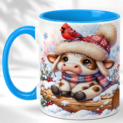 #pl[11oz|Blue] Christmas Calf Coffee Mug, Winter Cardinal Cow Mug, Ceramic Cup