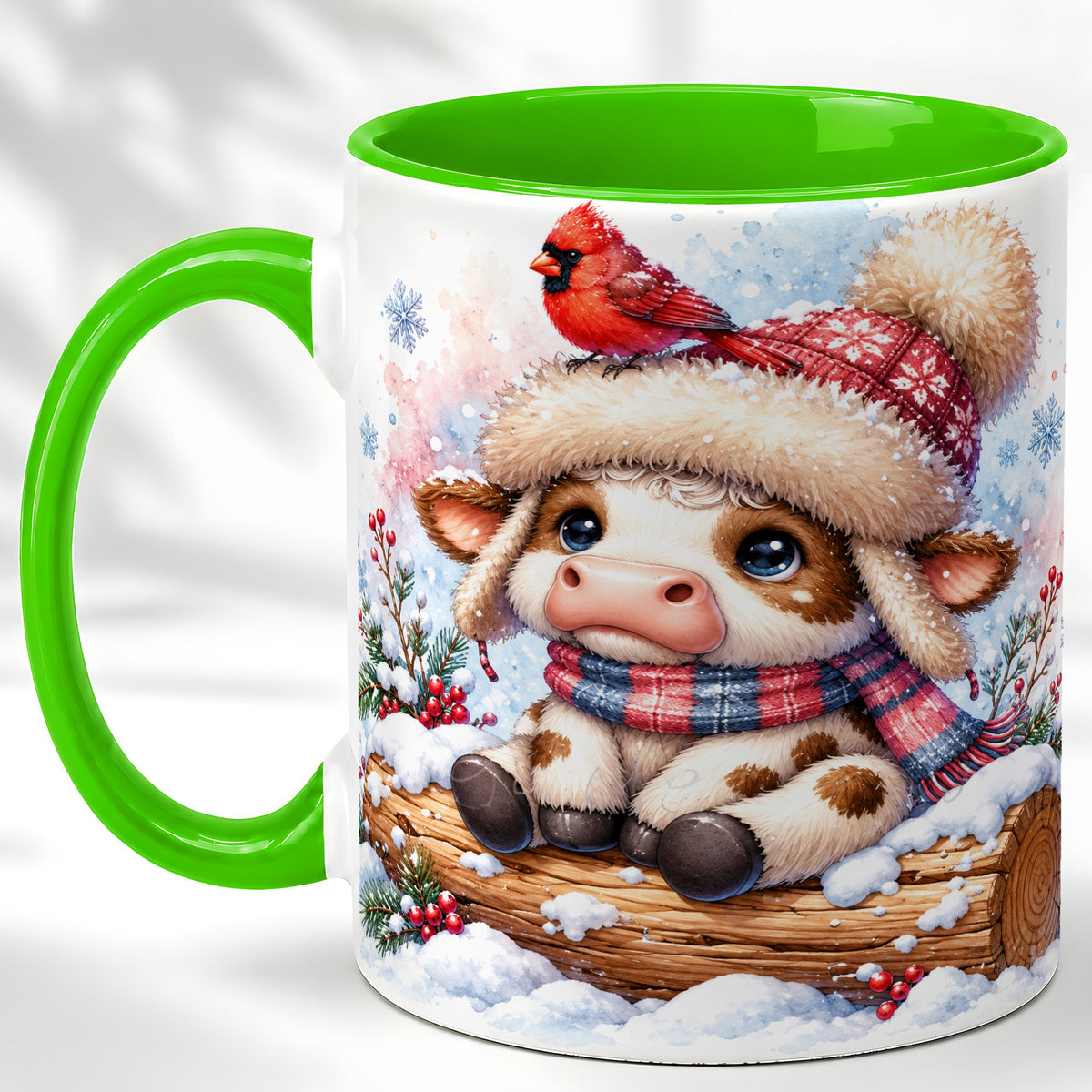 #pl[11oz|Green] Christmas Calf Coffee Mug, Winter Cardinal Cow Mug, Ceramic Cup