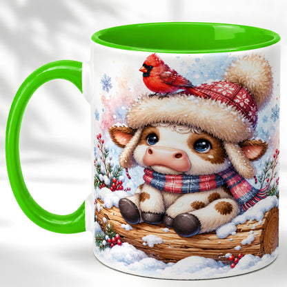 #pl[11oz|Green] Christmas Calf Coffee Mug, Winter Cardinal Cow Mug, Ceramic Cup