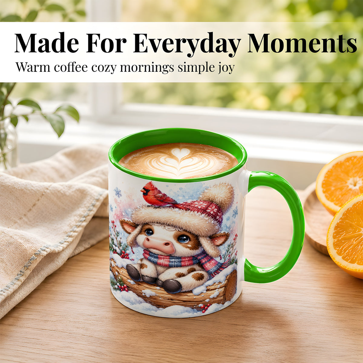 #pl[11oz|Green] Christmas Calf Coffee Mug, Winter Cardinal Cow Mug, Ceramic Cup