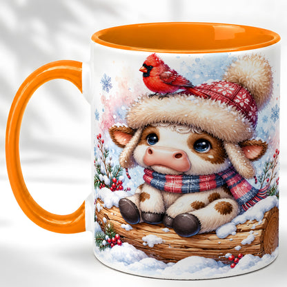 #pl[11oz|Orange] Christmas Calf Coffee Mug, Winter Cardinal Cow Mug, Ceramic Cup
