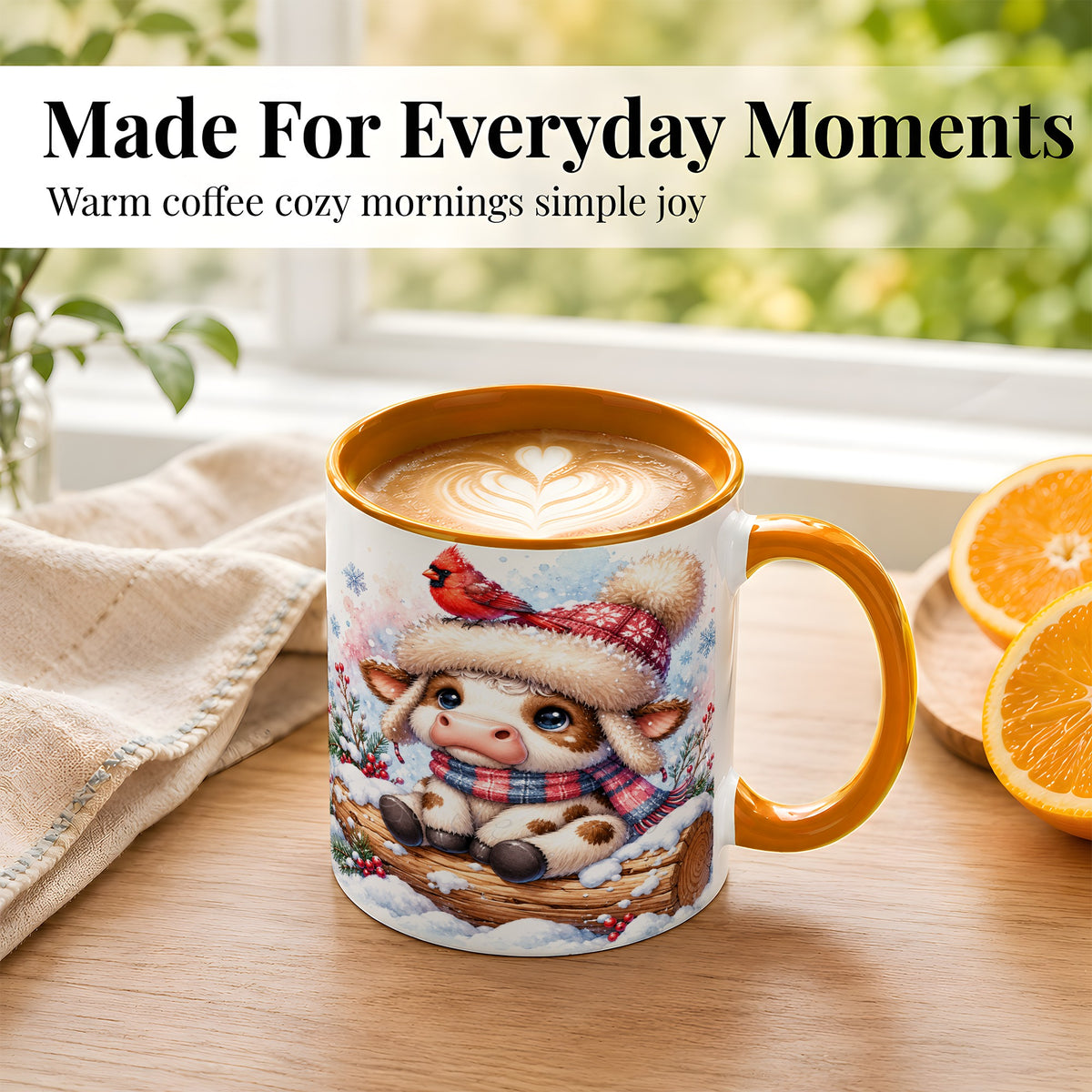 #pl[11oz|Orange] Christmas Calf Coffee Mug, Winter Cardinal Cow Mug, Ceramic Cup