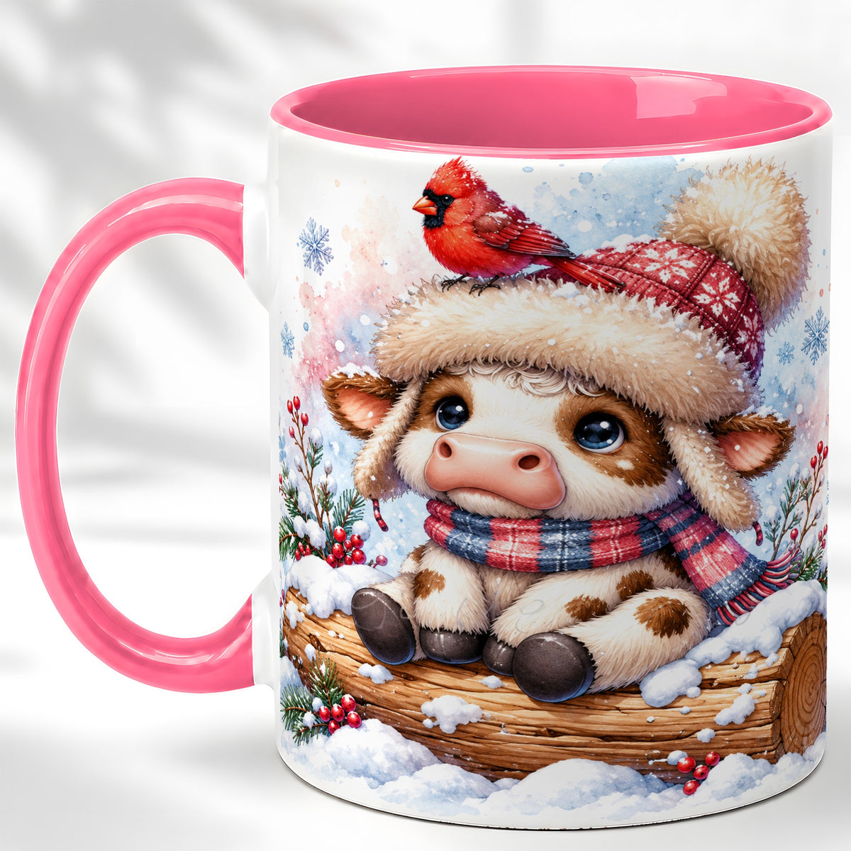 #pl[11oz|Pink] Christmas Calf Coffee Mug, Winter Cardinal Cow Mug, Ceramic Cup