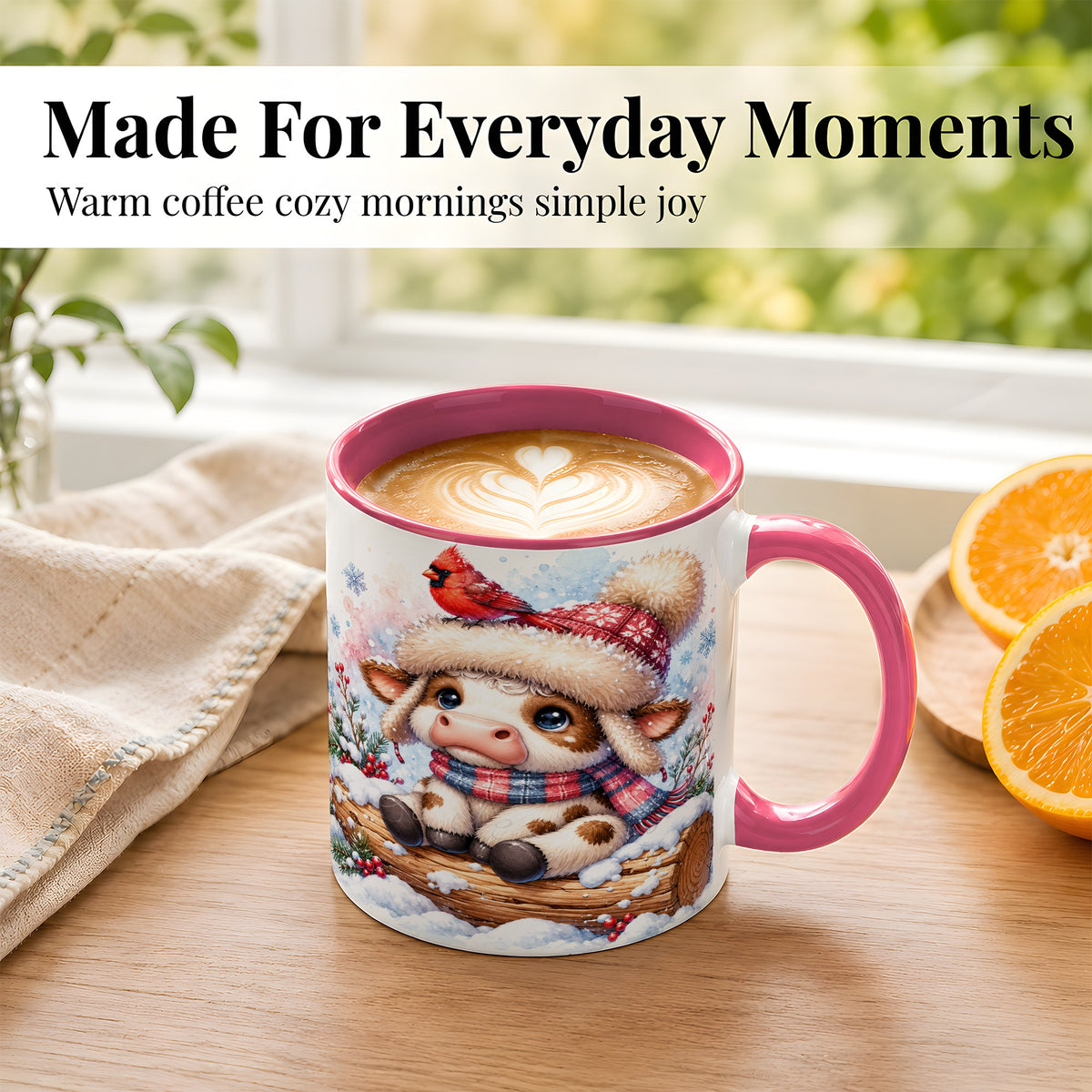#pl[11oz|Pink] Christmas Calf Coffee Mug, Winter Cardinal Cow Mug, Ceramic Cup