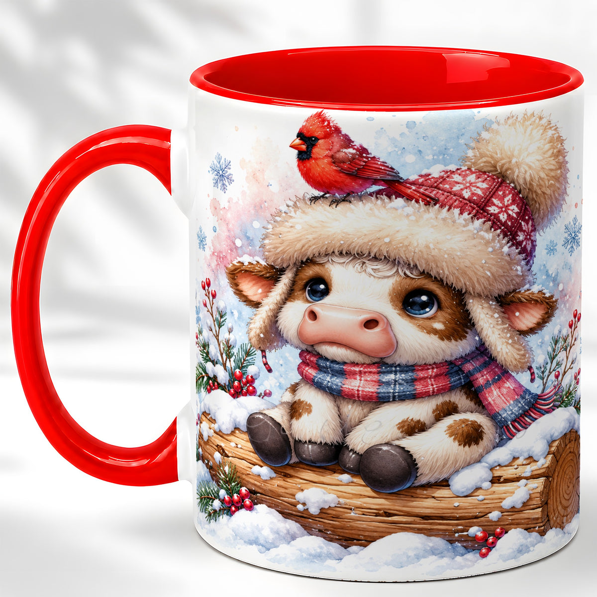 Christmas Calf Coffee Mug, Winter Cardinal Cow Mug, Ceramic Cup