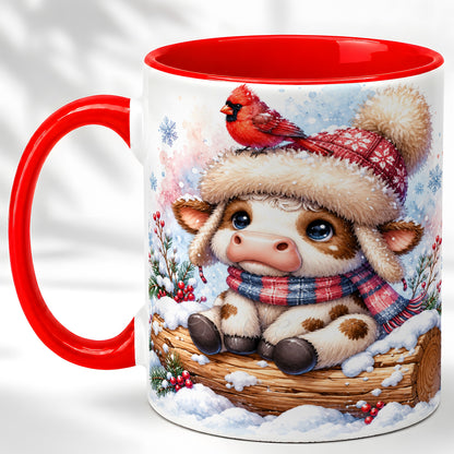 Christmas Calf Coffee Mug, Winter Cardinal Cow Mug, Ceramic Cup