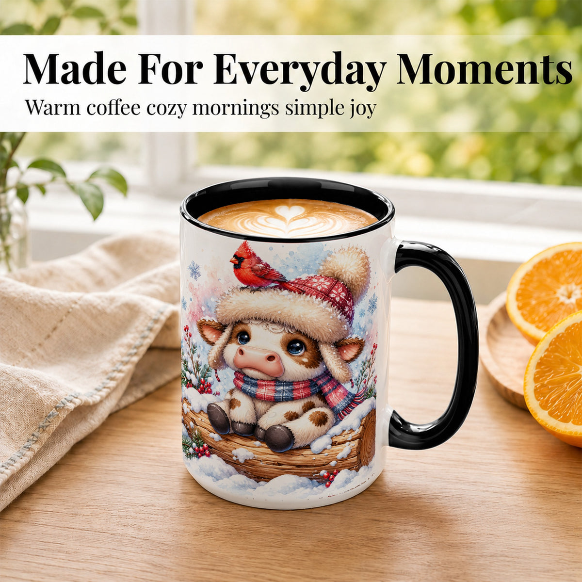 #pl[15oz|Black] Christmas Calf Coffee Mug, Winter Cardinal Cow Mug, Ceramic Cup