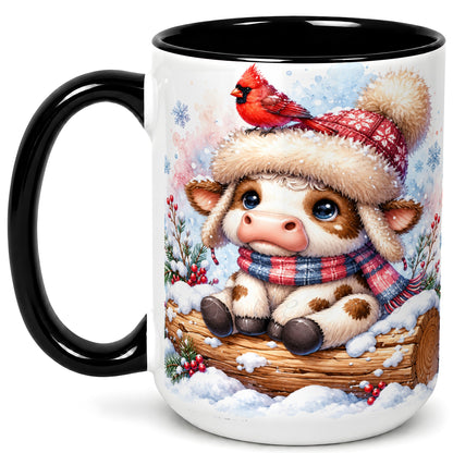 #pl[15oz|Black] Christmas Calf Coffee Mug, Winter Cardinal Cow Mug, Ceramic Cup