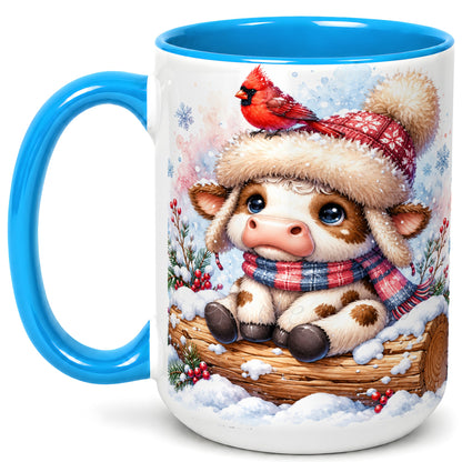 #pl[15oz|Blue] Christmas Calf Coffee Mug, Winter Cardinal Cow Mug, Ceramic Cup