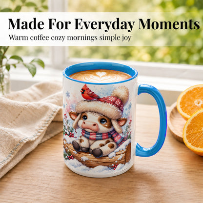 #pl[15oz|Blue] Christmas Calf Coffee Mug, Winter Cardinal Cow Mug, Ceramic Cup