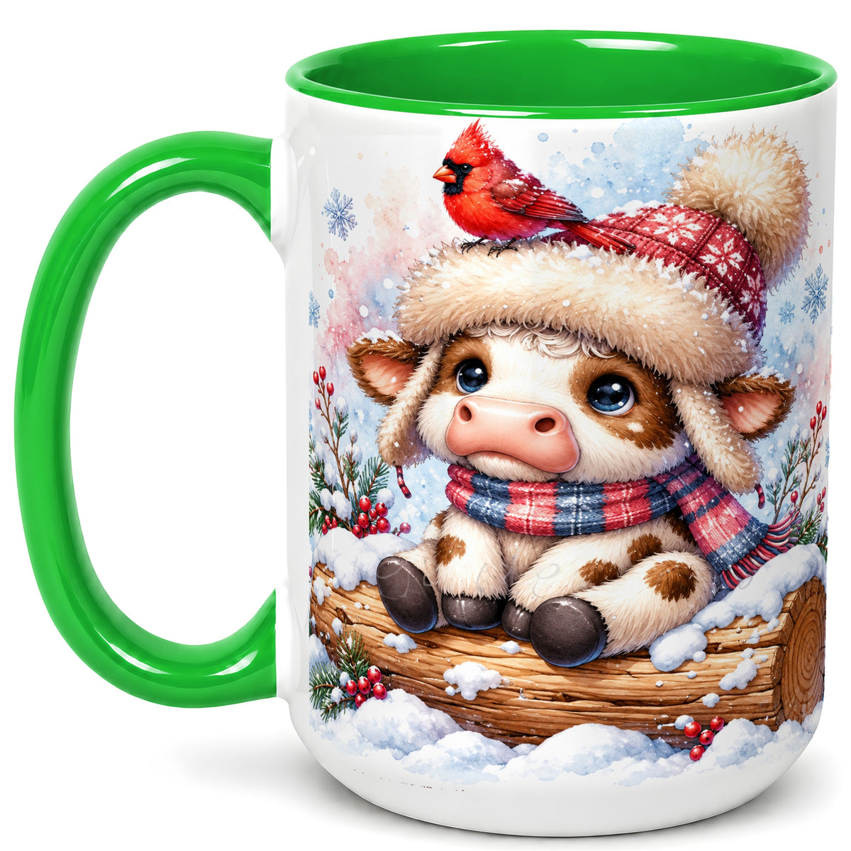 #pl[15oz|Green] Christmas Calf Coffee Mug, Winter Cardinal Cow Mug, Ceramic Cup