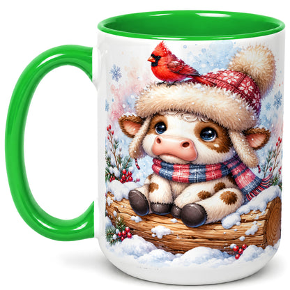 #pl[15oz|Green] Christmas Calf Coffee Mug, Winter Cardinal Cow Mug, Ceramic Cup