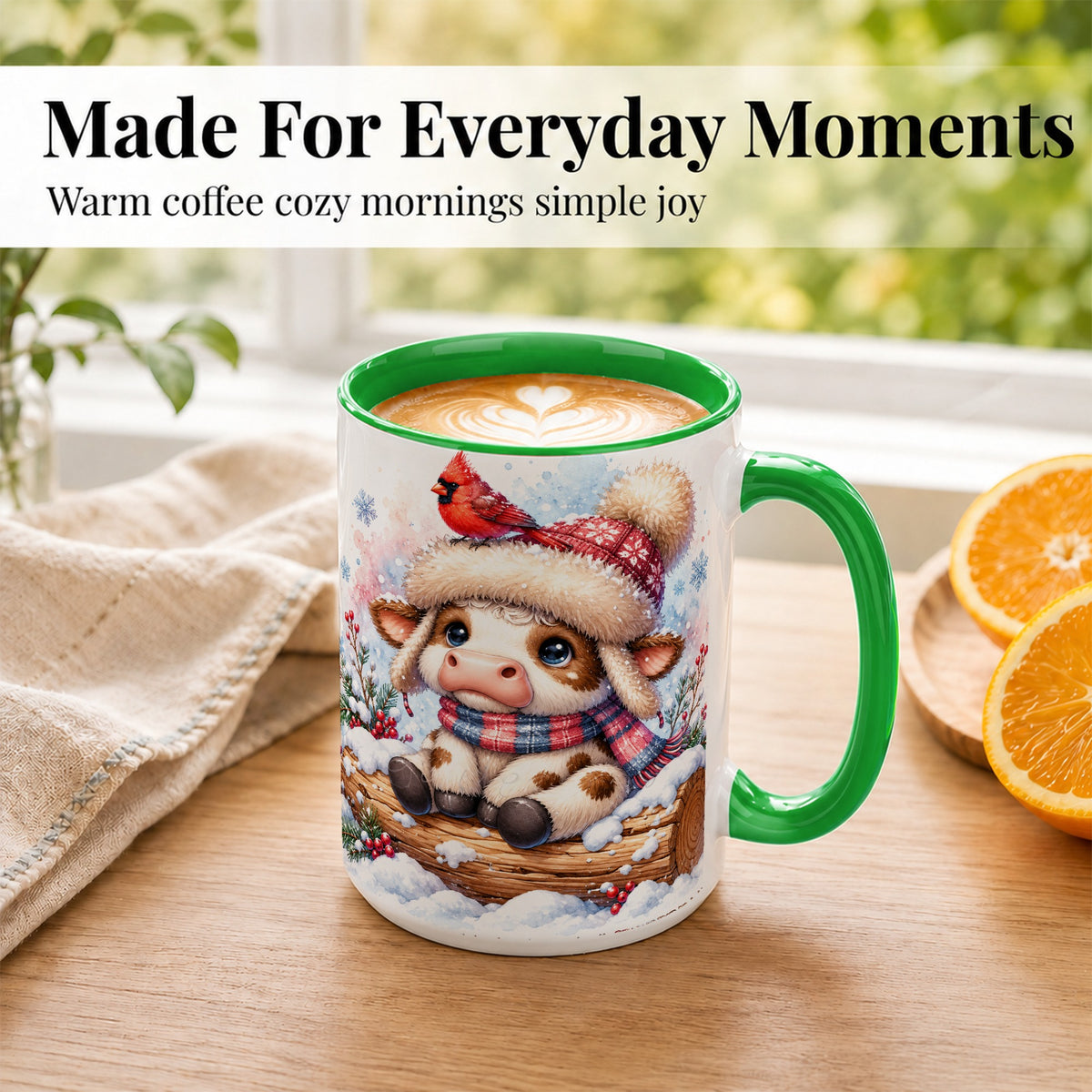 #pl[15oz|Green] Christmas Calf Coffee Mug, Winter Cardinal Cow Mug, Ceramic Cup