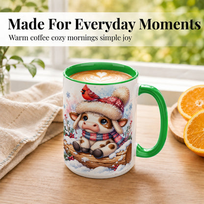 #pl[15oz|Green] Christmas Calf Coffee Mug, Winter Cardinal Cow Mug, Ceramic Cup