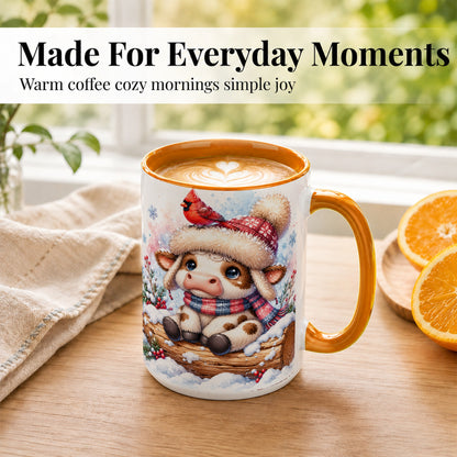 #pl[15oz|Orange] Christmas Calf Coffee Mug, Winter Cardinal Cow Mug, Ceramic Cup