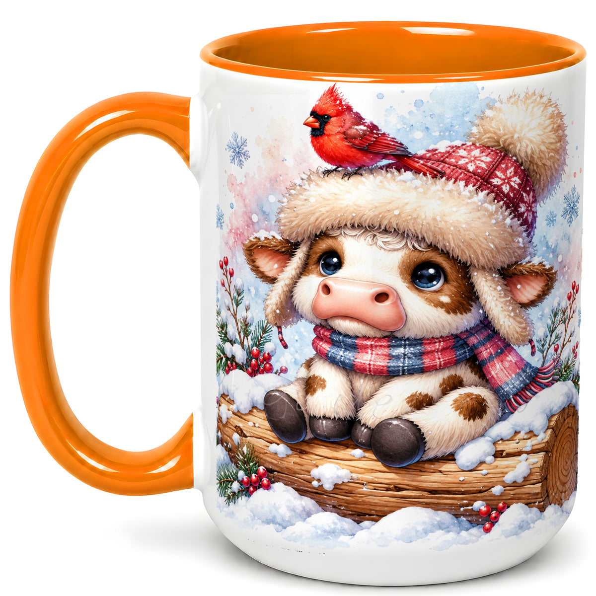 #pl[15oz|Orange] Christmas Calf Coffee Mug, Winter Cardinal Cow Mug, Ceramic Cup
