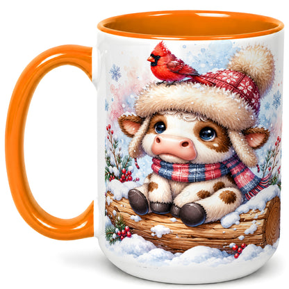 #pl[15oz|Orange] Christmas Calf Coffee Mug, Winter Cardinal Cow Mug, Ceramic Cup