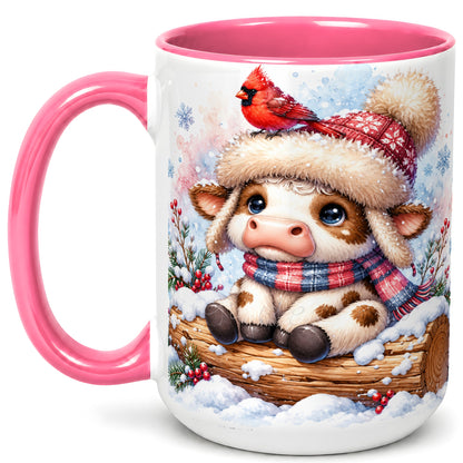 #pl[15oz|Pink] Christmas Calf Coffee Mug, Winter Cardinal Cow Mug, Ceramic Cup