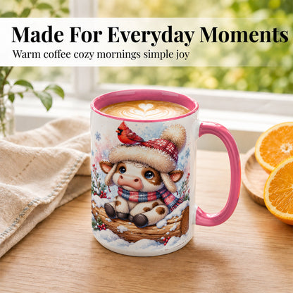 #pl[15oz|Pink] Christmas Calf Coffee Mug, Winter Cardinal Cow Mug, Ceramic Cup