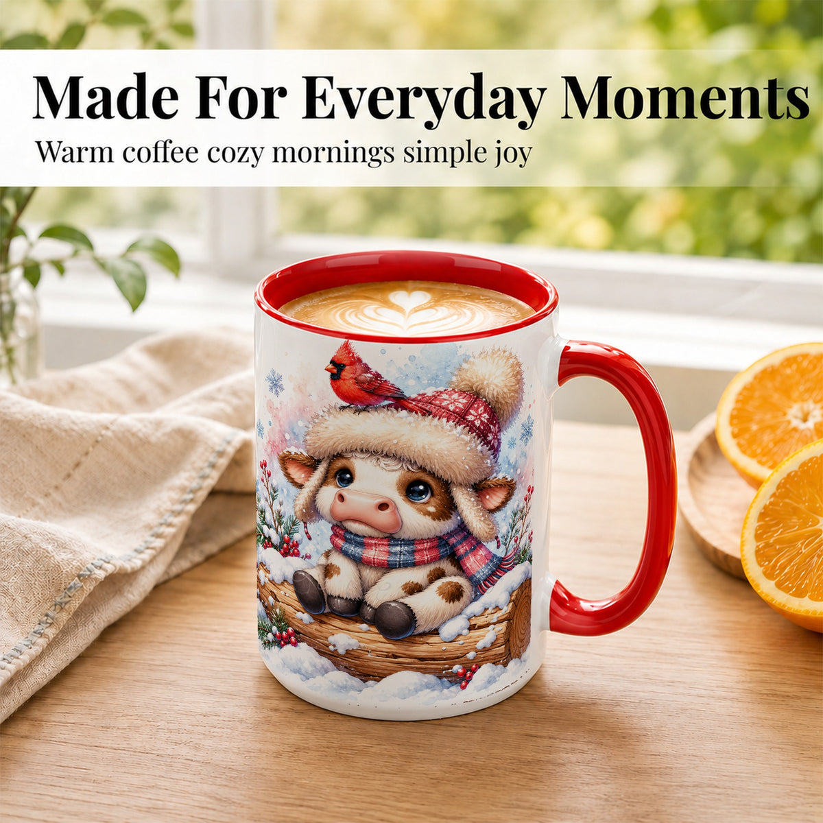 #pl[15oz|Red] Christmas Calf Coffee Mug, Winter Cardinal Cow Mug, Ceramic Cup