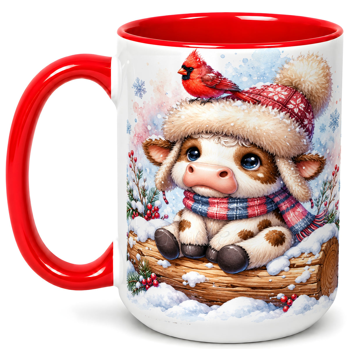 #pl[15oz|Red] Christmas Calf Coffee Mug, Winter Cardinal Cow Mug, Ceramic Cup