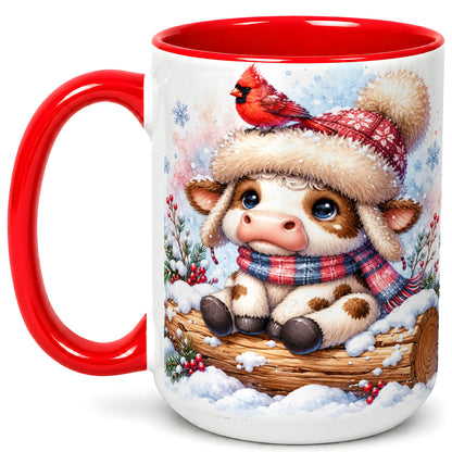 #pl[15oz|Red] Christmas Calf Coffee Mug, Winter Cardinal Cow Mug, Ceramic Cup