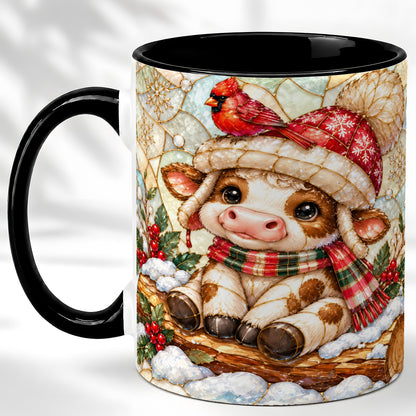 #pl[11oz|Black] Stained Glass Christmas Calf Coffee Mug, Winter Cow Mug, Ceramic Cup