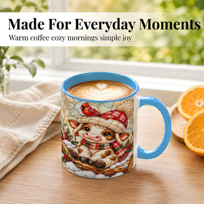 #pl[11oz|Blue] Stained Glass Christmas Calf Coffee Mug, Winter Cow Mug, Ceramic Cup