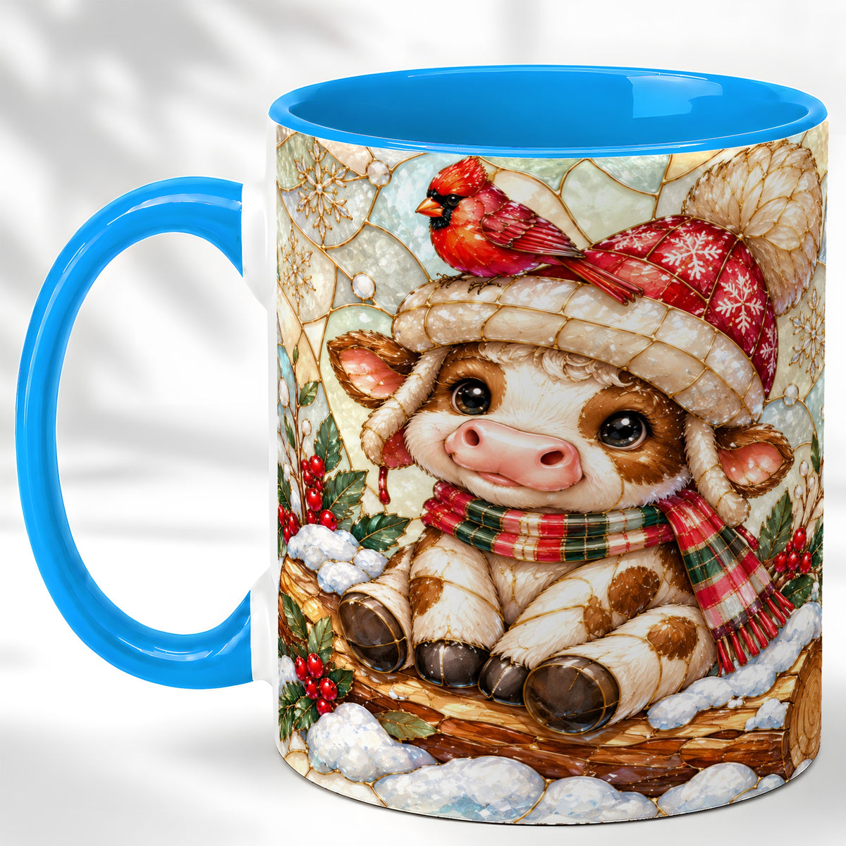 #pl[11oz|Blue] Stained Glass Christmas Calf Coffee Mug, Winter Cow Mug, Ceramic Cup