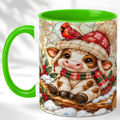 #pl[11oz|Green] Stained Glass Christmas Calf Coffee Mug, Winter Cow Mug, Ceramic Cup