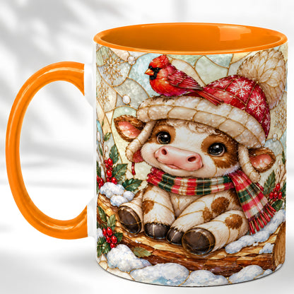 #pl[11oz|Orange] Stained Glass Christmas Calf Coffee Mug, Winter Cow Mug, Ceramic Cup