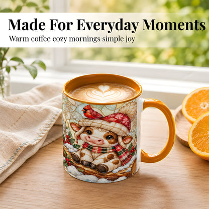 #pl[11oz|Orange] Stained Glass Christmas Calf Coffee Mug, Winter Cow Mug, Ceramic Cup