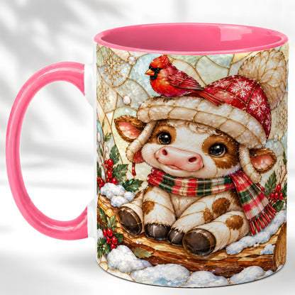 #pl[11oz|Pink] Stained Glass Christmas Calf Coffee Mug, Winter Cow Mug, Ceramic Cup