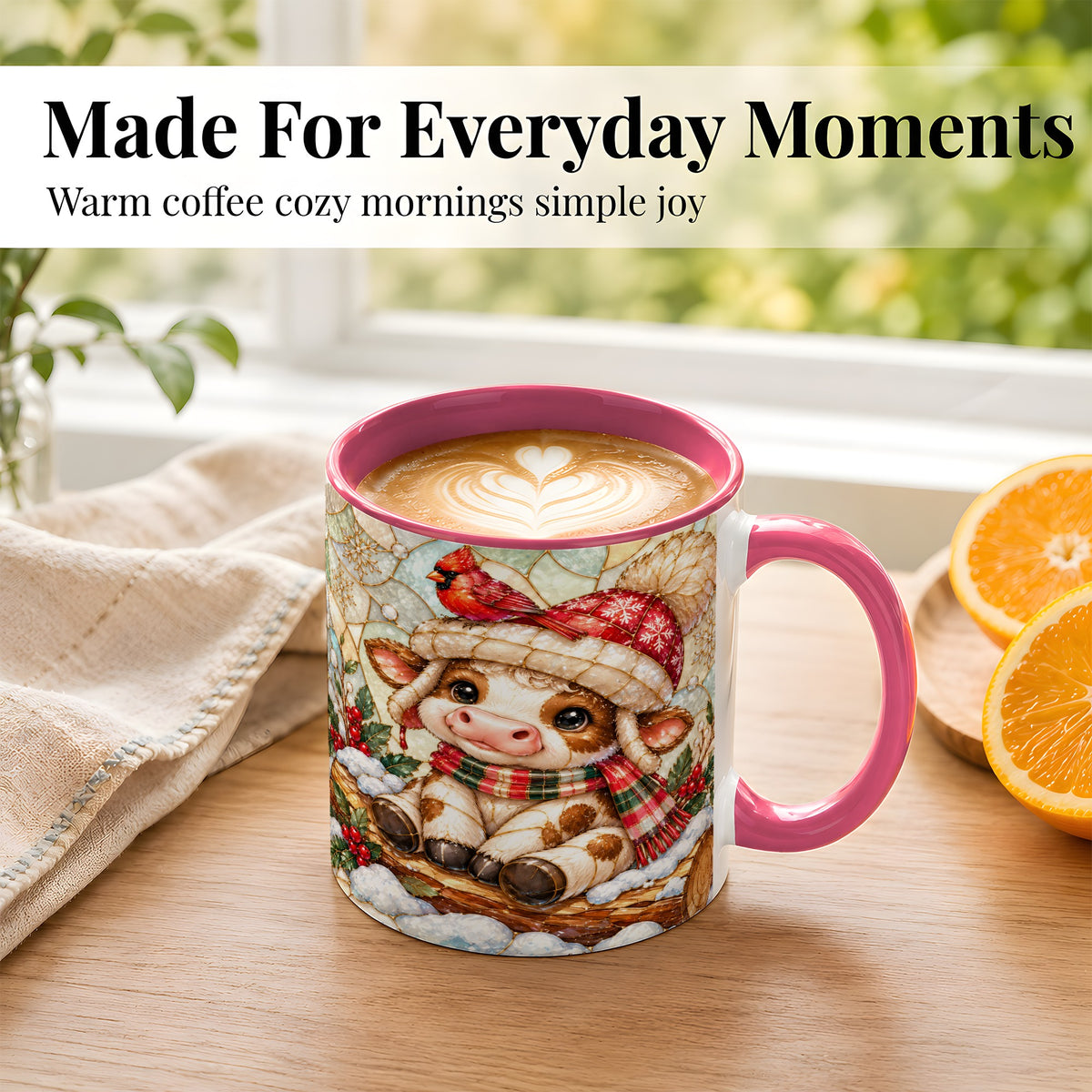 #pl[11oz|Pink] Stained Glass Christmas Calf Coffee Mug, Winter Cow Mug, Ceramic Cup