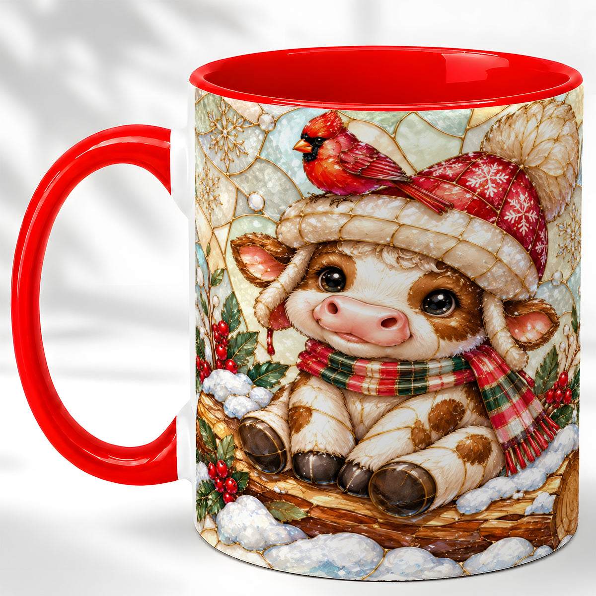Stained Glass Christmas Calf Coffee Mug, Winter Cow Mug, Ceramic Cup