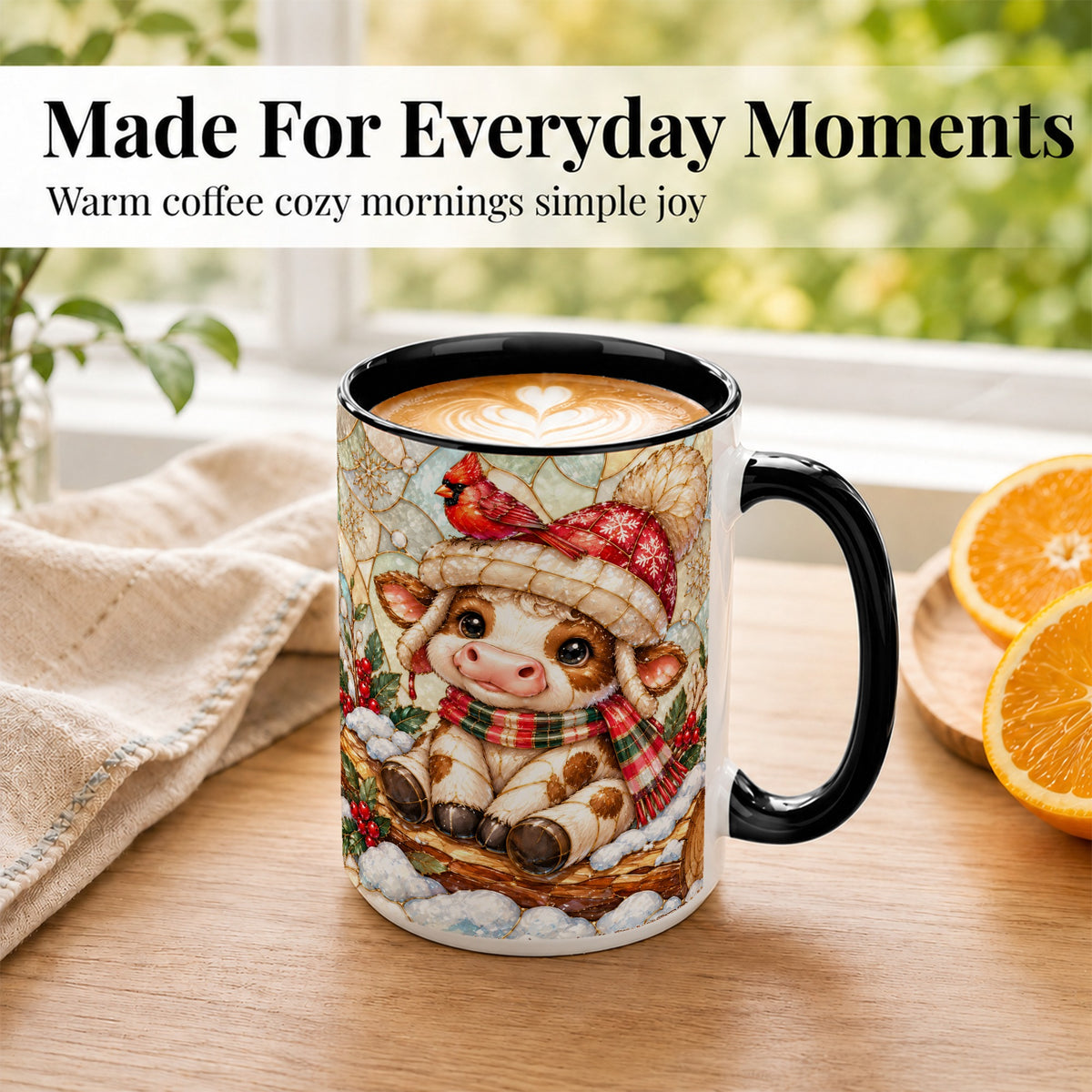#pl[15oz|Black] Stained Glass Christmas Calf Coffee Mug, Winter Cow Mug, Ceramic Cup