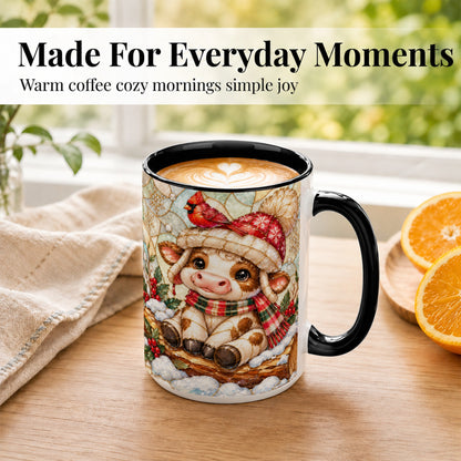 #pl[15oz|Black] Stained Glass Christmas Calf Coffee Mug, Winter Cow Mug, Ceramic Cup