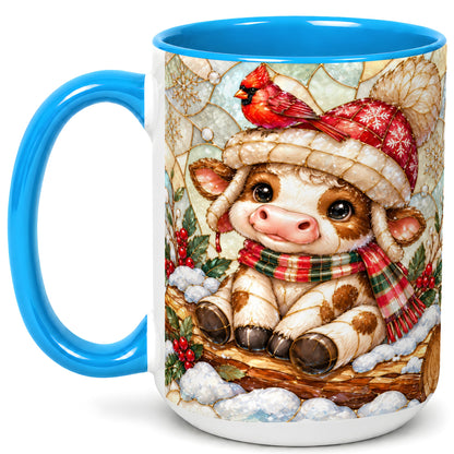 #pl[15oz|Blue] Stained Glass Christmas Calf Coffee Mug, Winter Cow Mug, Ceramic Cup
