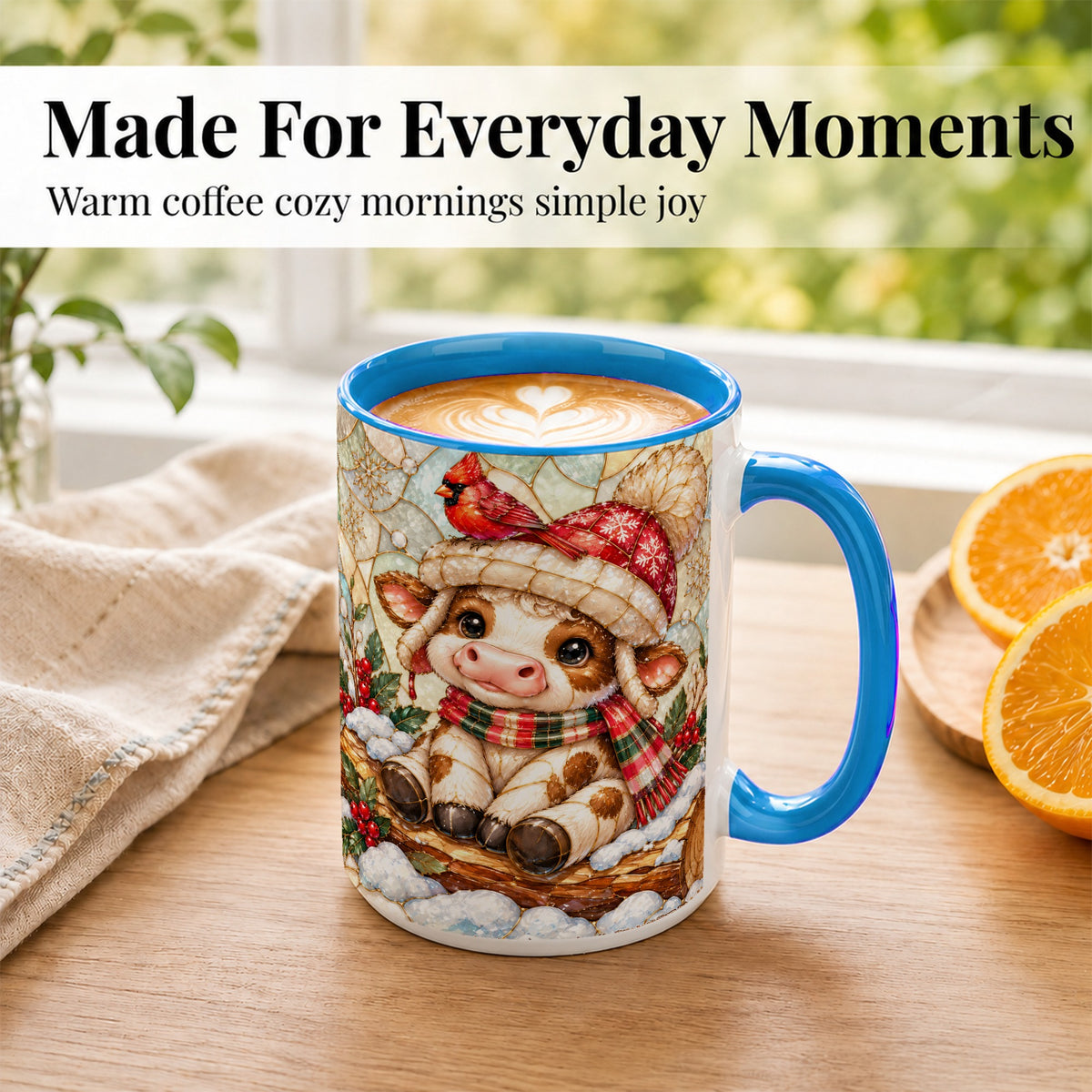 #pl[15oz|Blue] Stained Glass Christmas Calf Coffee Mug, Winter Cow Mug, Ceramic Cup