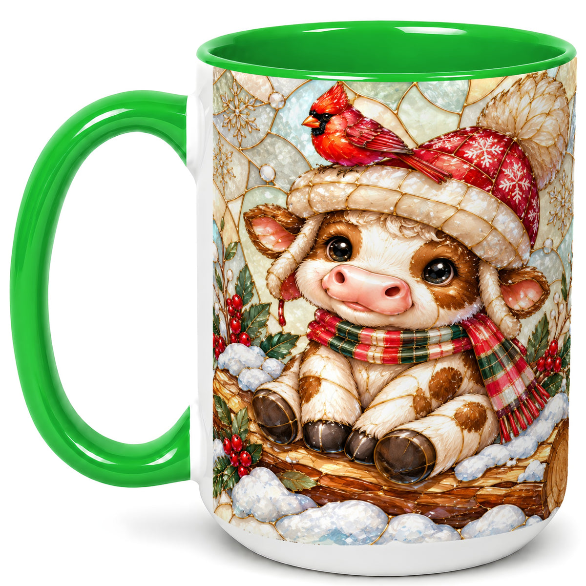 #pl[15oz|Green] Stained Glass Christmas Calf Coffee Mug, Winter Cow Mug, Ceramic Cup