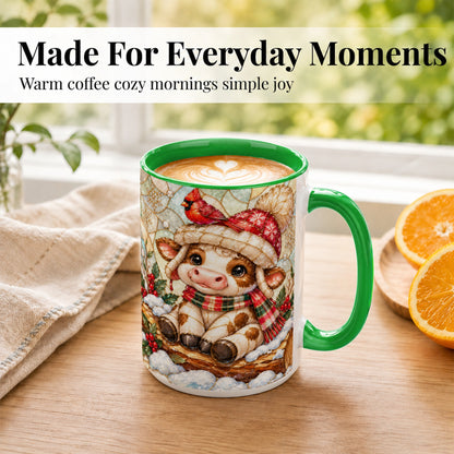 #pl[15oz|Green] Stained Glass Christmas Calf Coffee Mug, Winter Cow Mug, Ceramic Cup