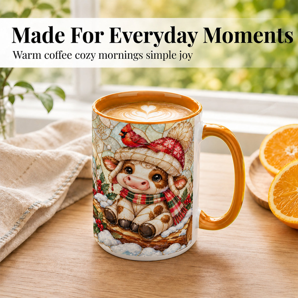 #pl[15oz|Orange] Stained Glass Christmas Calf Coffee Mug, Winter Cow Mug, Ceramic Cup