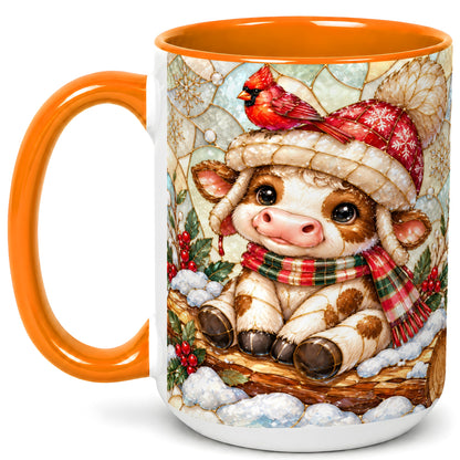 #pl[15oz|Orange] Stained Glass Christmas Calf Coffee Mug, Winter Cow Mug, Ceramic Cup